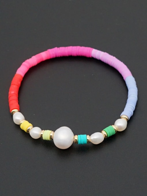 ZZ B200056H Freshwater Pearl Multi Color Polymer Clay Round Bohemia Stretch Bracelet