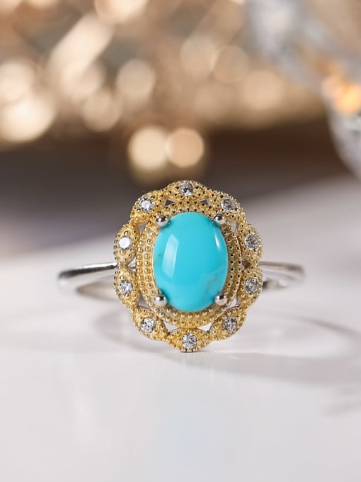 DEER 925 Sterling Silver Turquoise Flower Ethnic Band Ring 3