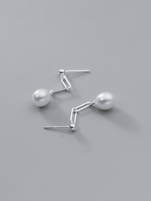Silver 925 Sterling Silver Imitation Pearl Geometric Chain Minimalist Drop Earring