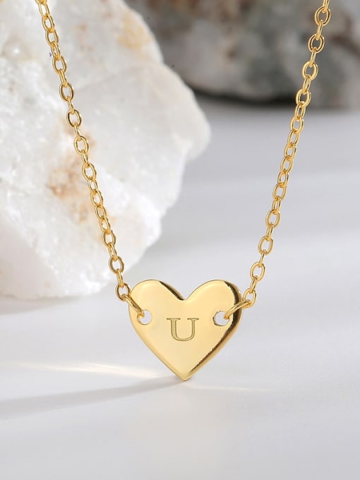 Golden Peach Heart Necklace Letter U Brass Heart Letter Pendant  Minimalist  Necklace