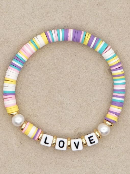 QT B200144G Stainless steel Freshwater Pearl Multi Color Polymer Clay Letter Bohemia Stretch Bracelet