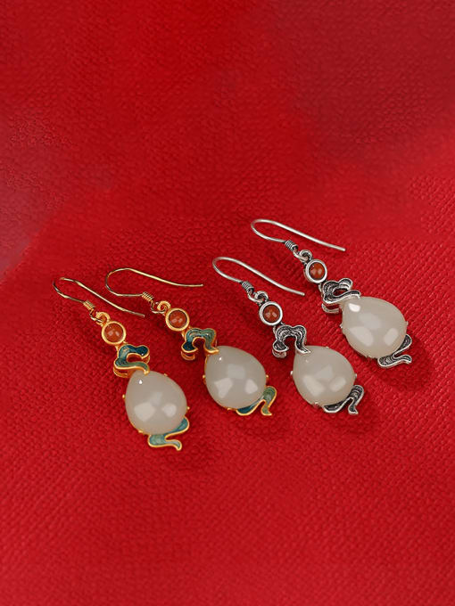 DEER 925 Sterling Silver Jade Geometric Vintage Hook Earring 0
