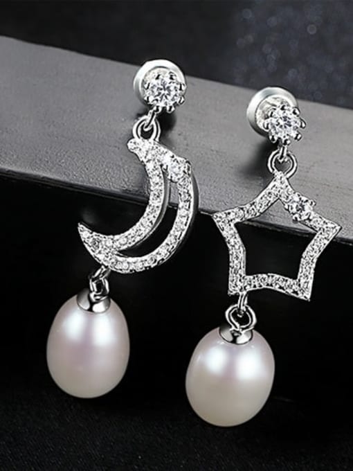White 1G01 925 Sterling Silver Freshwater Pearl White Star Moon Trend Drop Earring