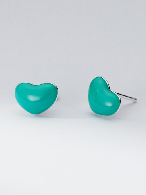Green 925 Sterling Silver Enamel Heart Minimalist Stud Earring