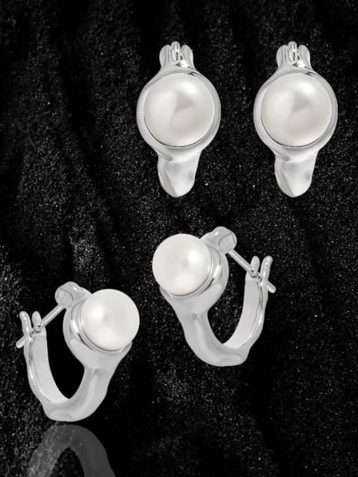 DAKA 925 Sterling Silver Imitation Pearl Geometric Minimalist Huggie Earring 1