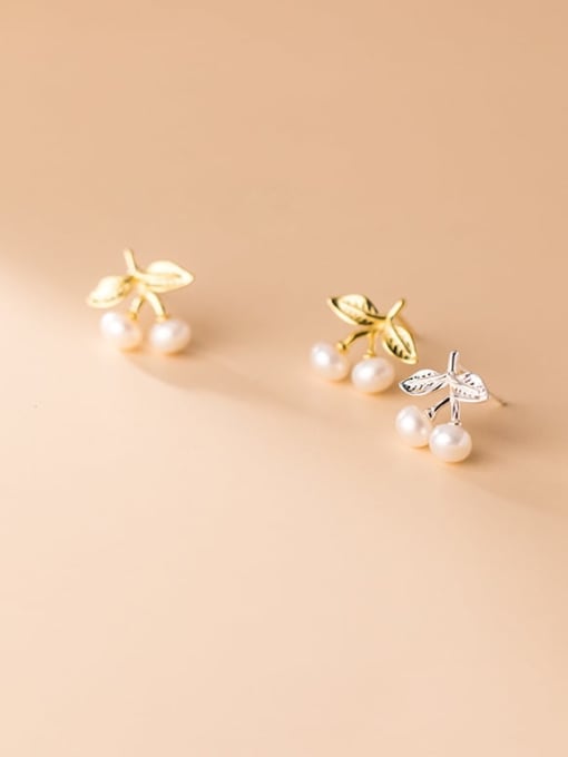 Rosh 925 Sterling Silver Imitation Pearl  Cute Simple and small pearl cherry Stud Earring 2