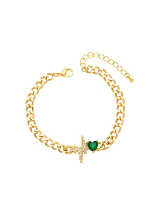 green Brass Cubic Zirconia Heart Vintage Link Bracelet