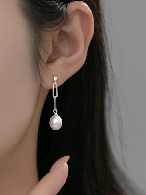Rosh 925 Sterling Silver Imitation Pearl Geometric Chain Minimalist Drop Earring 1