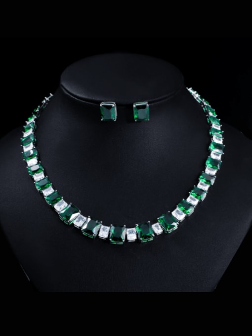 green Brass Cubic Zirconia  Luxury Geometric Earring and Necklace Set