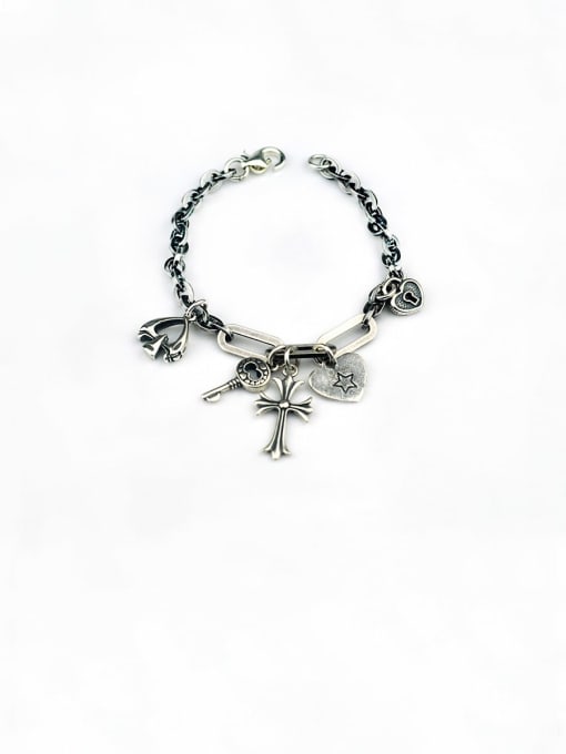 SHUI Vintage Sterling Silver With Simple Retro Hollow Chain Cross Pendant Bracelets