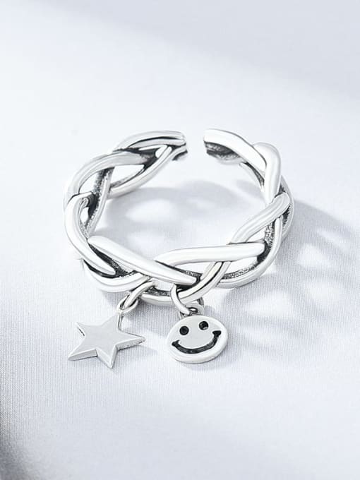 Smiling face star retro ring 925 Sterling Silver Smiley Vintage Stackable Ring