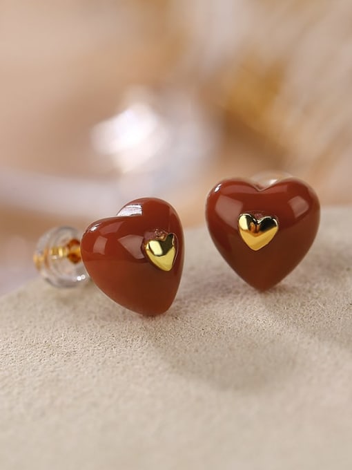 red 925 Sterling Silver Jade Heart Vintage Stud Earring