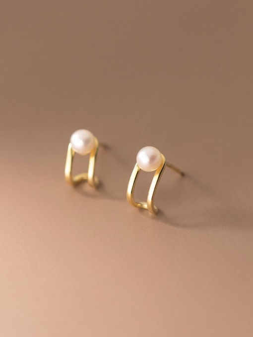 Rosh 925 Sterling Silver Imitation Pearl Geometric Minimalist Stud Earring