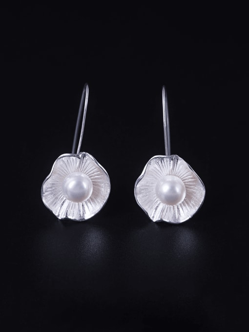 SILVER MI 925 Sterling Silver Imitation Pearl Flower Minimalist Hook Earring 1
