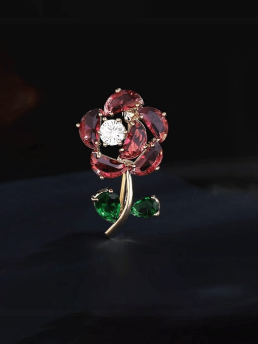 red Brass Glass Stone Flower Cute Brooch