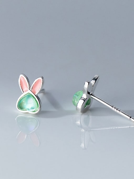 Green Glass Pink 925 Sterling Silver Cubic Zirconia Rabbit Cute Stud Earring