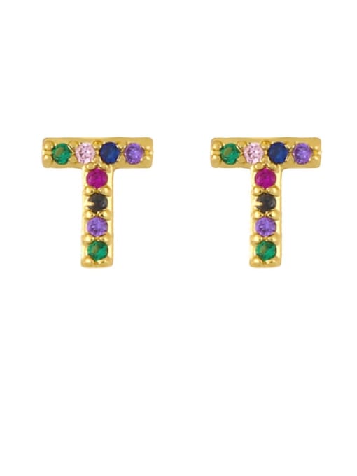 T Brass Cubic Zirconia Letter Minimalist Stud Earring