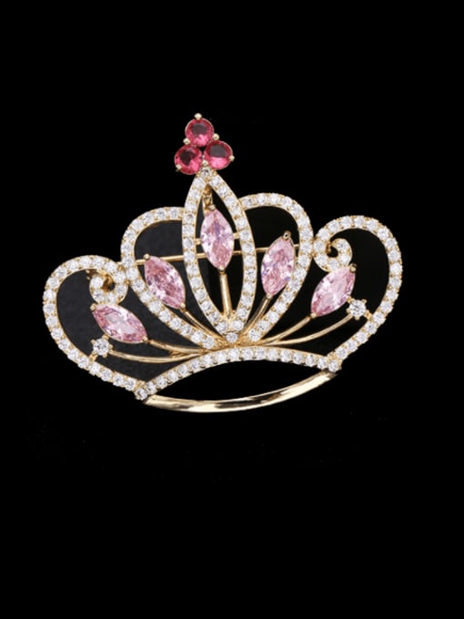 Gold +Pink Brass Cubic Zirconia Crown Statement Brooch