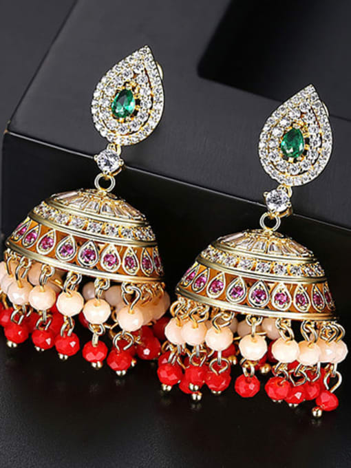 Red t04g27 Copper Cubic Zirconia Multi Color Bell Ethnic Drop Earring