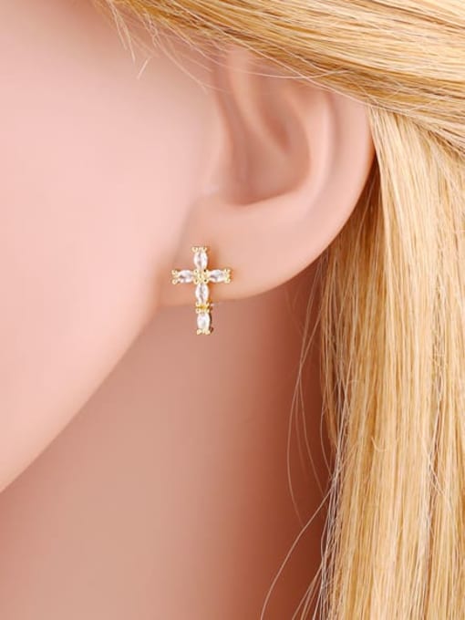 CC Brass Cubic Zirconia Cross Minimalist Stud Earring 1