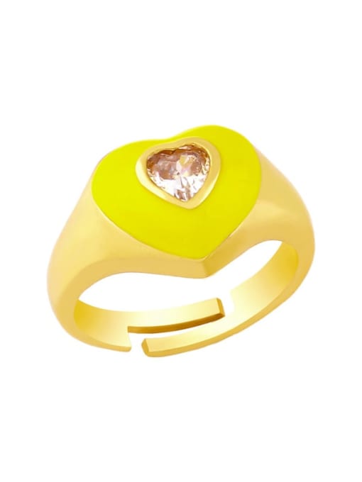 yellow Brass Enamel Cubic Zirconia Heart Hip Hop Band Ring