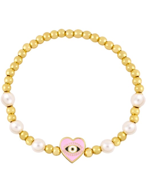 Pink Brass Imitation Pearl Enamel Evil Eye Vintage Beaded Bracelet
