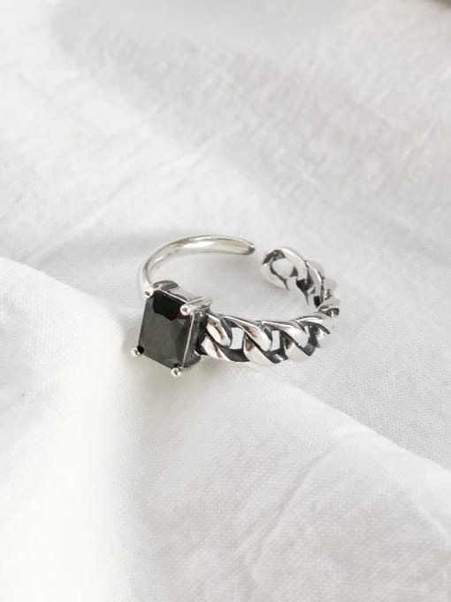 Boomer Cat 925 Sterling Silver Cubic Zirconia Black Square Vintage Band Ring