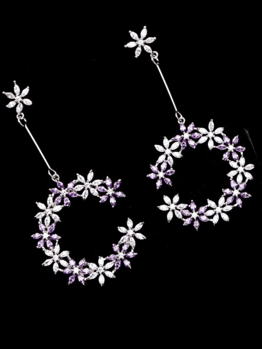 Platinum purple Brass Cubic Zirconia Flower Trend Drop Earring