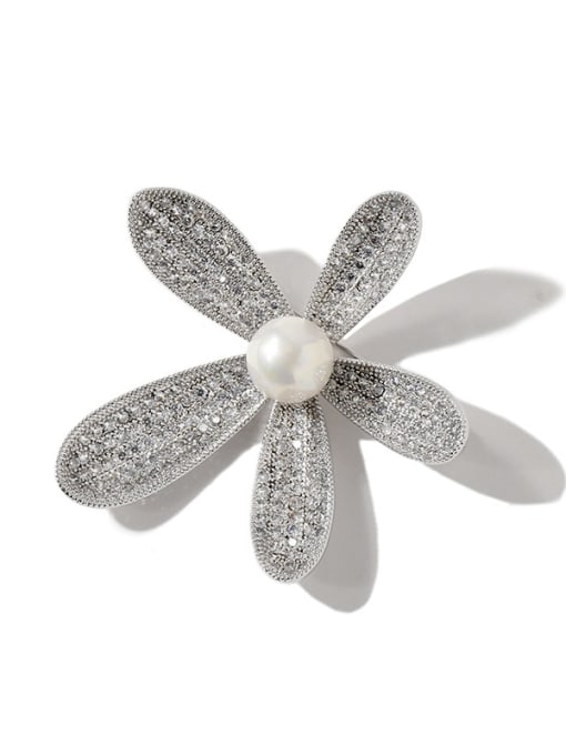 silvery Copper Cubic Zirconia White Flower Dainty Brooches