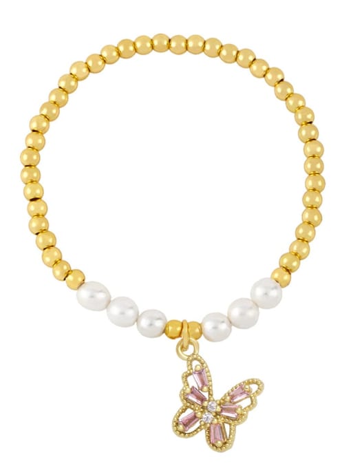 Pink Brass Imitation Pearl Butterfly Vintage Beaded Bracelet