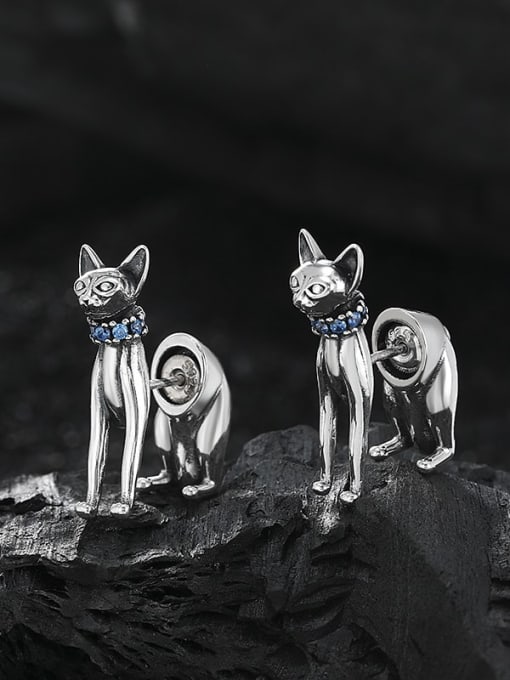 KDP1613 Blue 925 Sterling Silver Cat Vintage Stud Earring