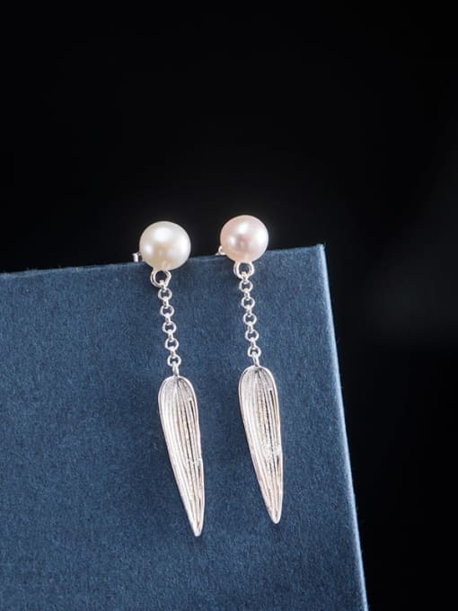 SILVER MI 925 Sterling Silver Imitation Pearl Leaf Vintage Drop Earring 1
