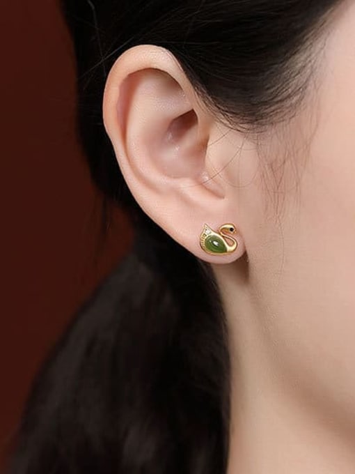 DEER 925 Sterling Silver Jade Swan Cute Stud Earring 1