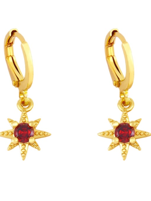 red Brass Glass Stone Star Minimalist Huggie Earring