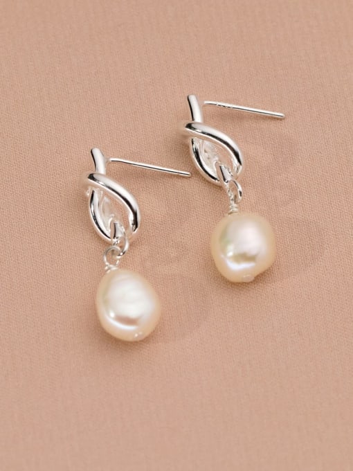 Silver 925 Sterling Silver Imitation Pearl Geometric Minimalist Drop Earring