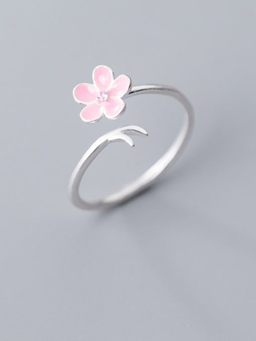 Rosh 925 Sterling Silver  Minimalist Enamel Pink Flower Free Size Ring 0