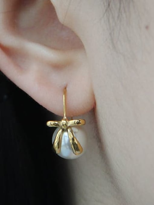 A TEEM Titanium Steel Imitation Pearl Bowknot Minimalist Hook Earring 1