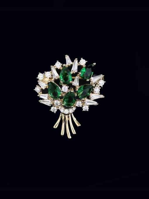 green Brass Cubic Zirconia Flower Luxury Brooch