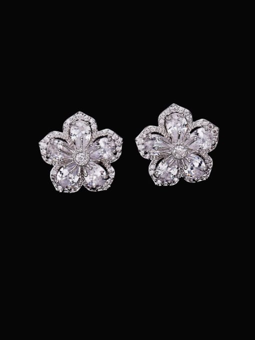 platinum+white Brass Cubic Zirconia Flower Luxury Stud Earring