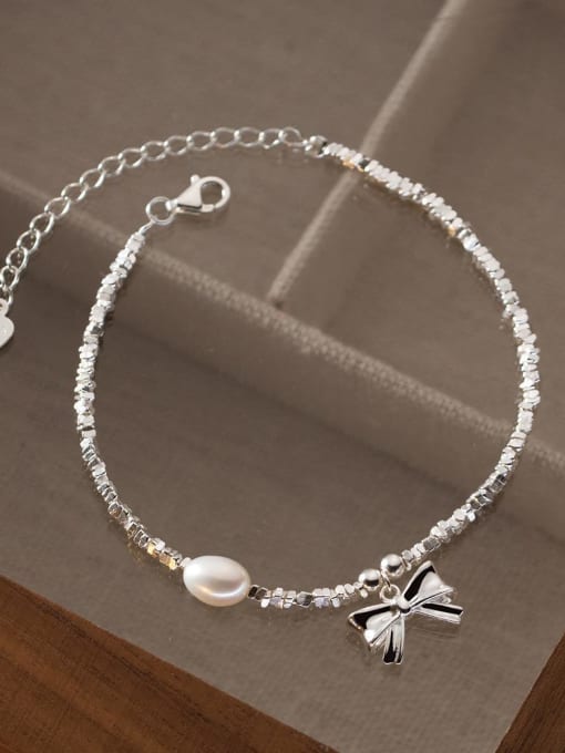 Rosh 925 Sterling Silver Imitation Pearl Bowknot Minimalist Link Bracelet