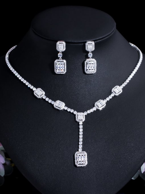 Platinum Brass Cubic Zirconia Luxury Geometric  Earring and Necklace Set