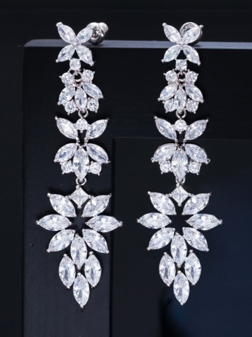 platinum Brass Cubic Zirconia Flower Statement Chandelier Earring