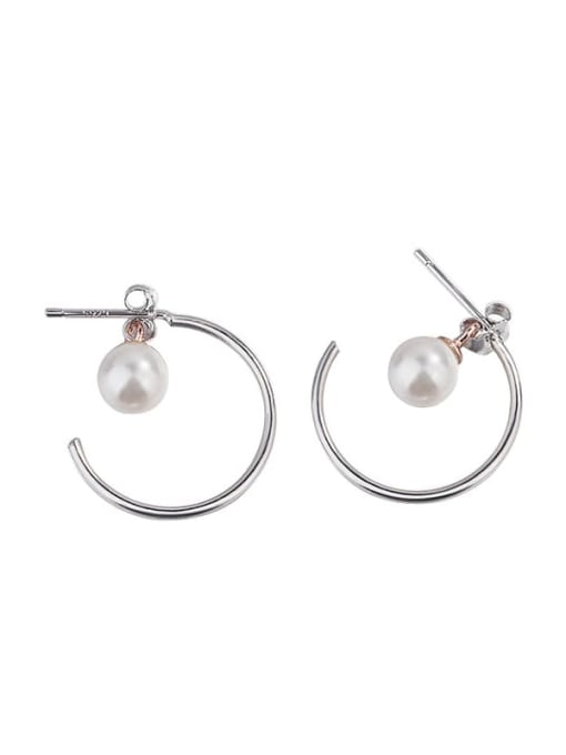 HAHN 925 Sterling Silver Imitation Pearl Geometric Minimalist Hoop Earring 0