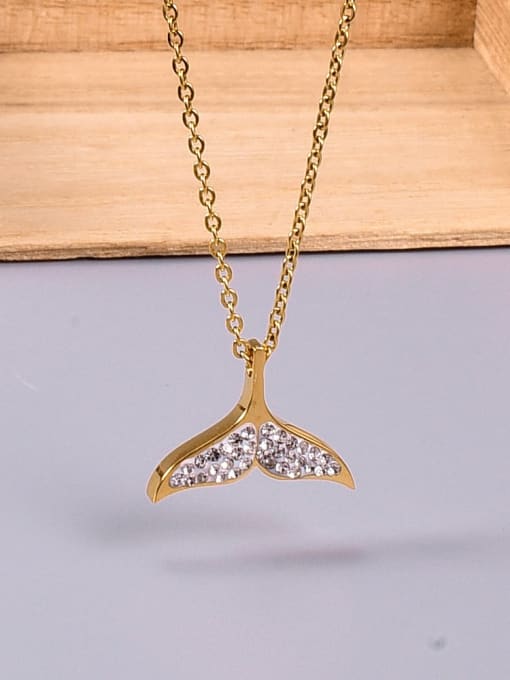 Golden White Diamond Titanium Rhinestone Fish Tail Minimalist  Pendant Necklace