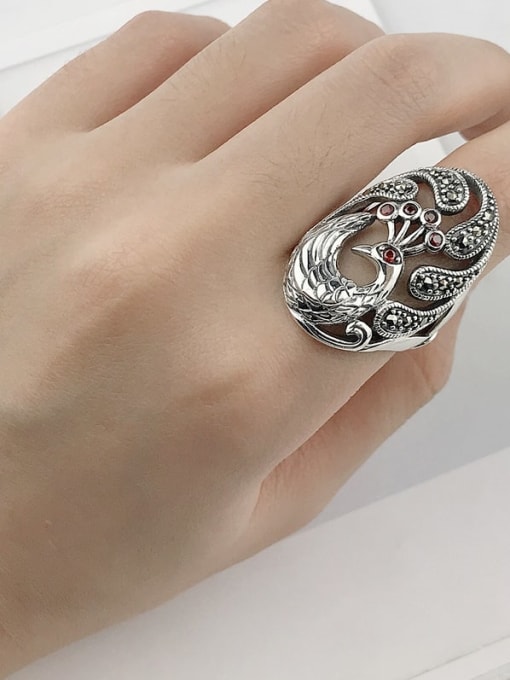 SHUI Vintage Sterling Silver With Antique Silver Plated Vintage Phoenix Peacock Free Size Rings 2