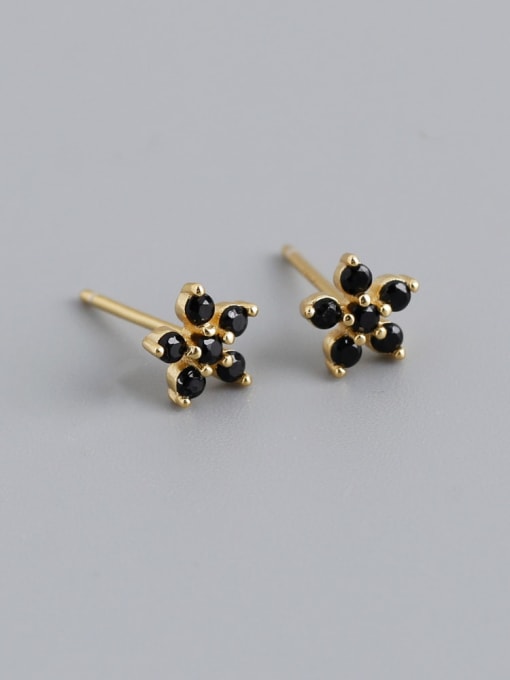 Black stone (gold) plastic plug 925 Sterling Silver Cubic Zirconia Flower Vintage Stud Earring