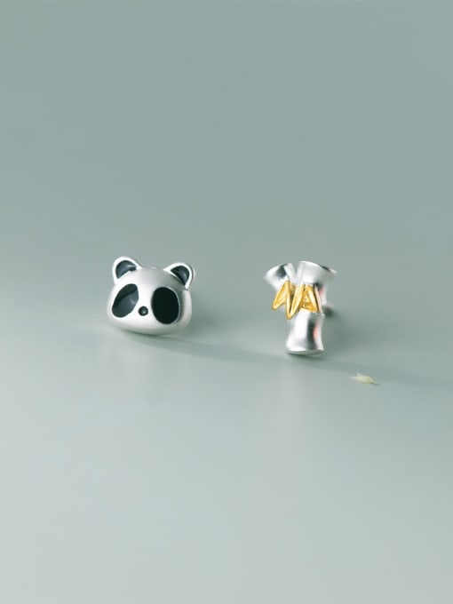 Rosh 925 Sterling Silver Cute  Asymmetrical  Panda Bamboo Stud Earring 0