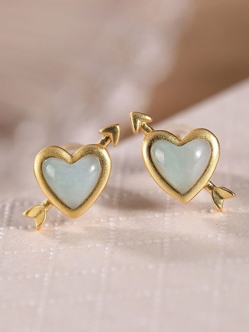 DEER 925 Sterling Silver Jade Heart Vintage Stud Earring 2