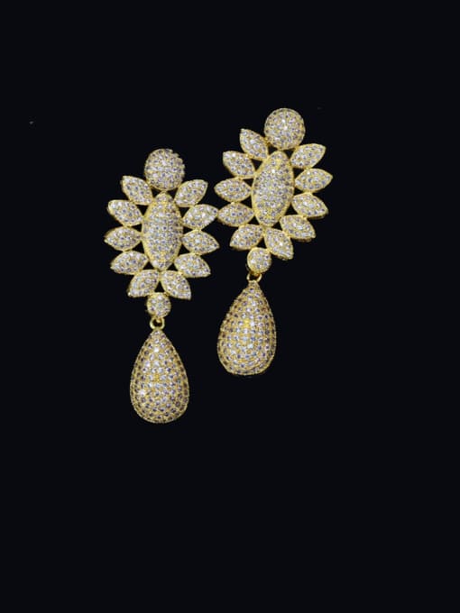 golden Brass Cubic Zirconia Flower Luxury Cluster Earring