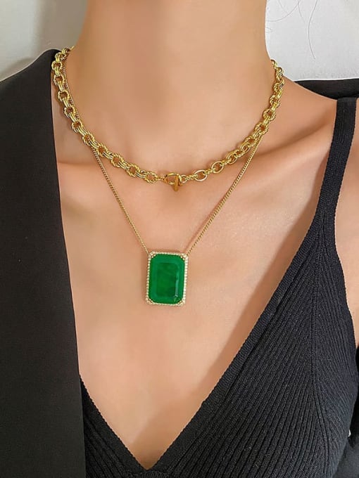 Gold Emerald Pendant Brass Glass stone  Luxury GeometricEarring and Necklace Set
